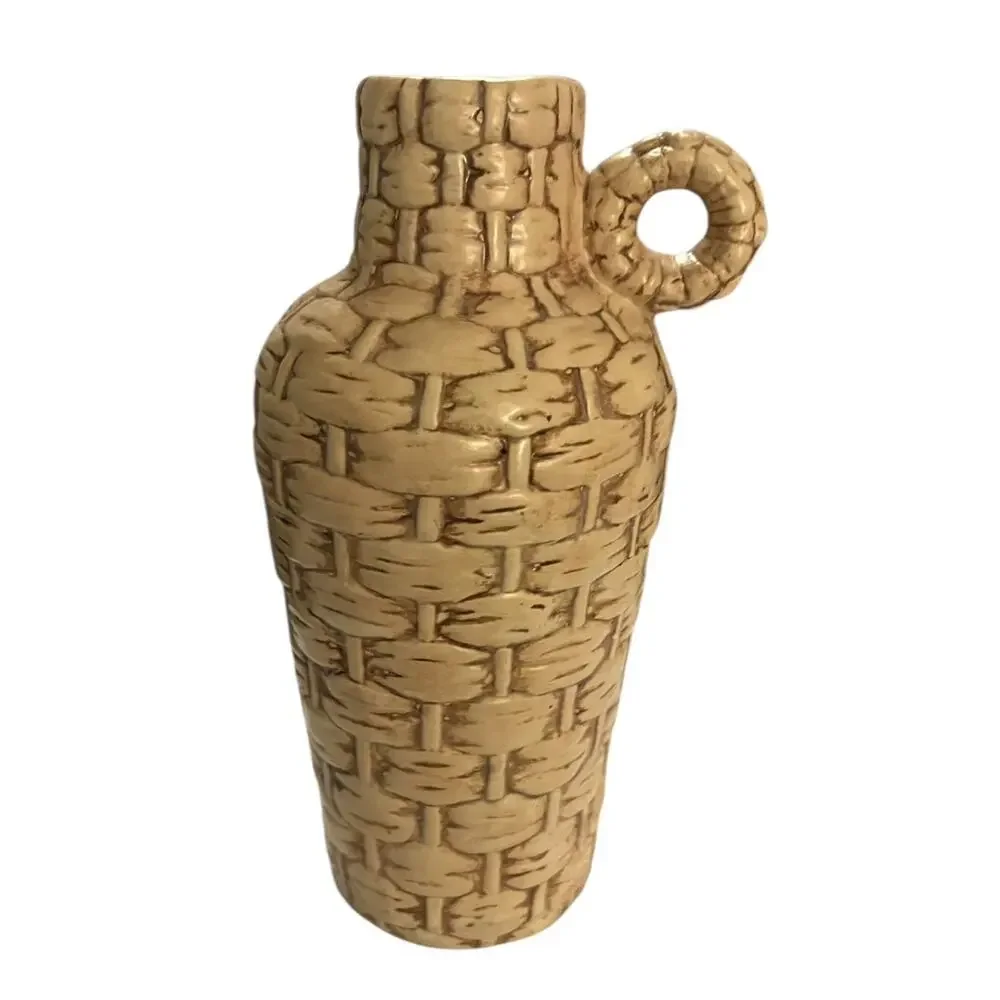 1970s VINTAGE Handmade Basket Weave Ceramic Jug Vase Artist Signed LM 1977